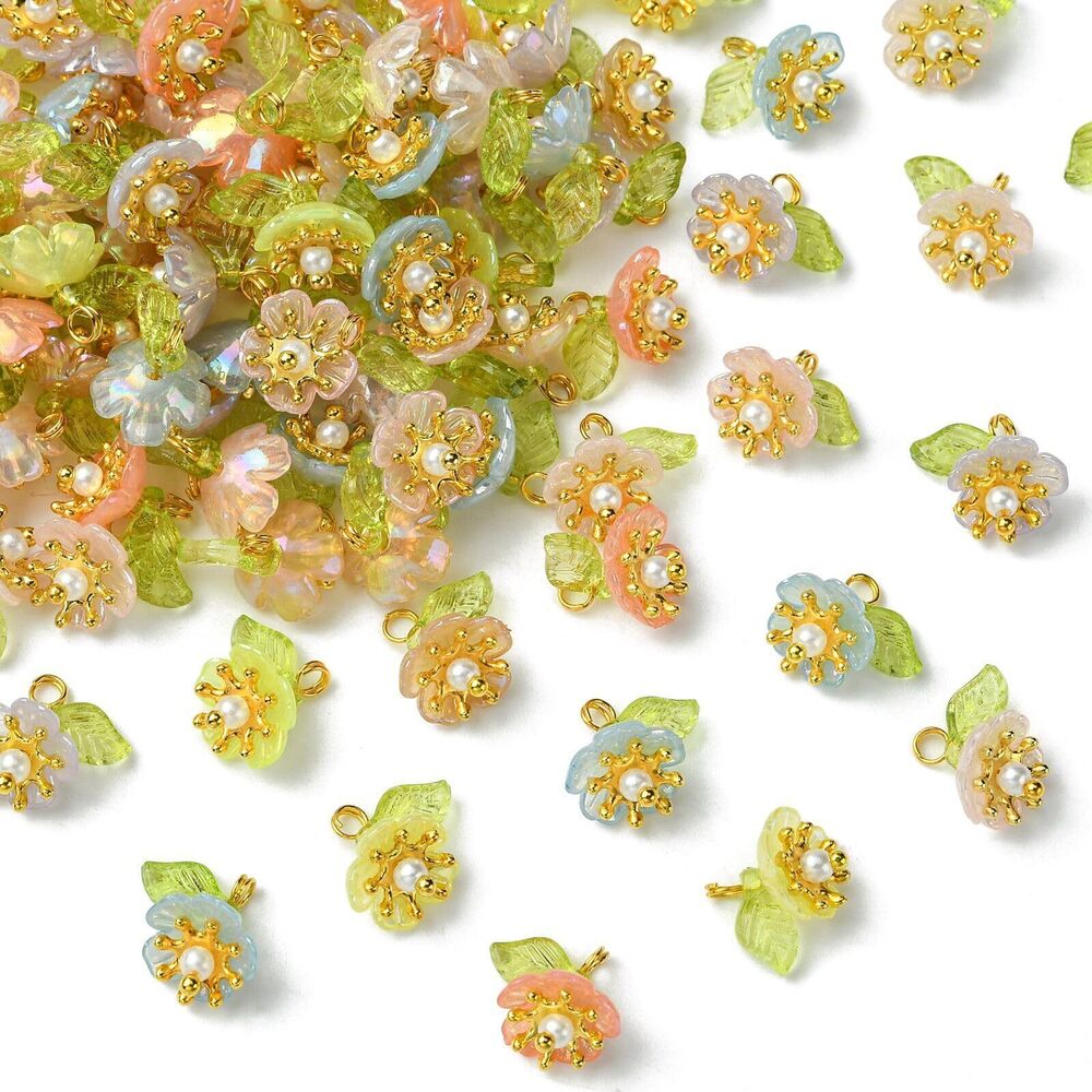 7080 100 pcs Mixed Colors Flower with Leaf Theme Acrylic Charms Spring